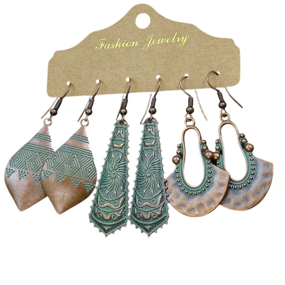 New 3 Pairs Boho Patina Antique Bronze Dangle Geometric Earrings Sterling